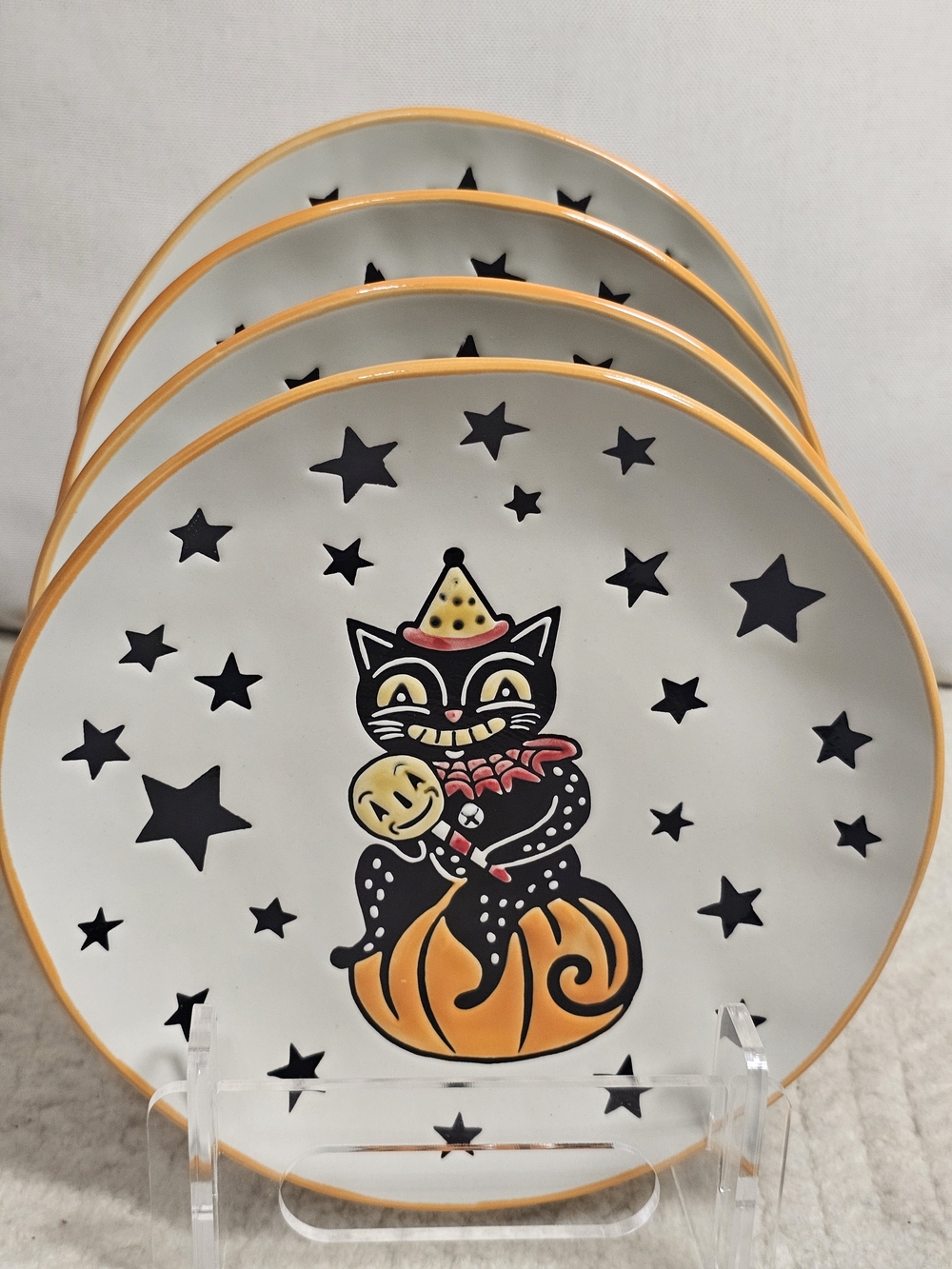 4 Set Eli + Ana Salad Plates 8" Ceramic Halloween  Black Cat